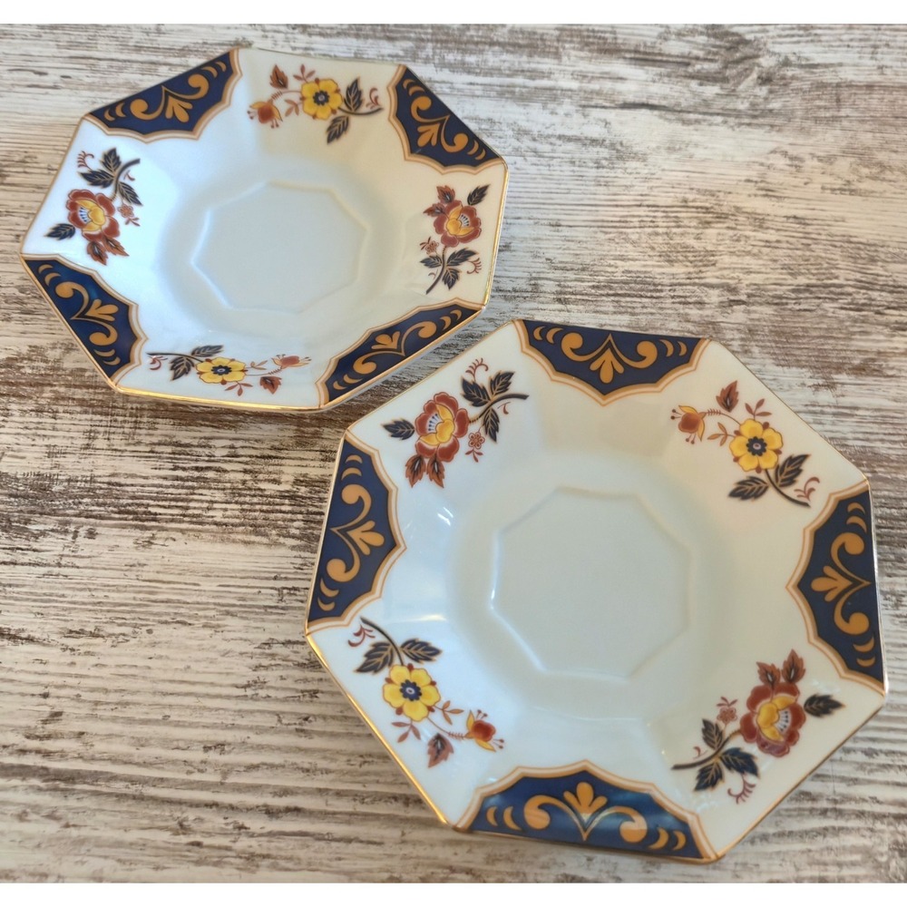 Mikasa Far East L6104 Saucers Set of 2 Octagonal Fine China Japan Cobalt Gold